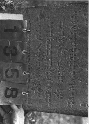 Grabstein 135 (Index: 99786144) Zustand: leicht verwittert, leicht eingesunken Maße HxBxT: 70x40x11 cm Besonderheit: kulturhistorisch wertvoll / künstl.-formale Gründe (Inschrift): Grabstein 135B
