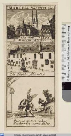 März, Kalenderblatt mit Ansichten der Kirche St. Martini, des Altstadtrathauses und der Herzoglichen Münzprägeanstalt Braunschweig