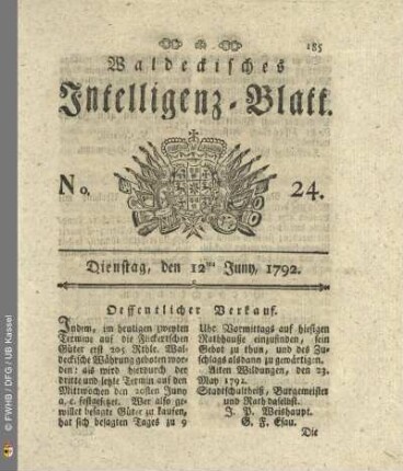 No. 24. Dienstag, den 12ten Juny, 1792