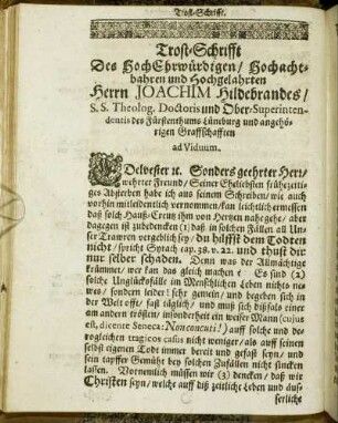 Trost-Schrifft Des Hoch Ehrwürdigen/ Hochachtbahren und Hochgelahrten Herrn Joachim Hildebrandes [...]