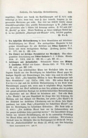 305-307 [Rezension] Cathrein, Victor, Die katholische Weltanschauung in ihren Grundlinien mit besonderer Berücksichtigung der Moral