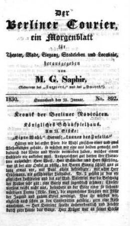 No. 892, Sonnabend den 23. Januar 1830