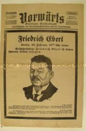 Sozialdemokratische Tageszeitung "Vorwärts" zum Tod von Friedrich Ebert