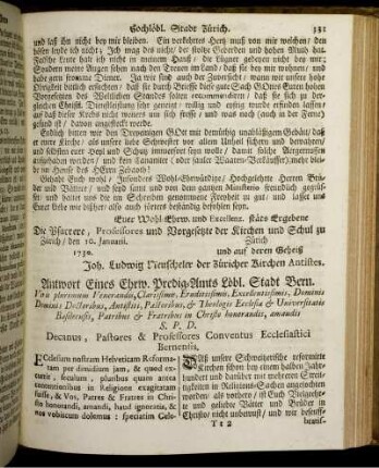 Antwort Eines Ehrw. Predig-Amts Löbl. Stadt Bern.