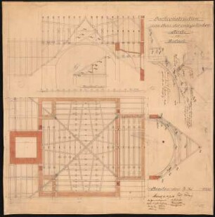 Evangelische Kirche, Maltsch: Dachkonstruktion, Schnitte, Grundriss 1:50 (von Inv.Nr. 2549)