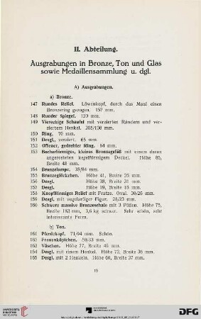 Ausgrabungen in Bronze, Ton und Glas sowie Medaillensammlung u. dergl. (Nr. 147-299)