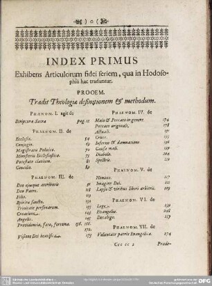 Index Primus Exhibens Articulorum fidei seriem, qua in Hodosophia hac traduntur