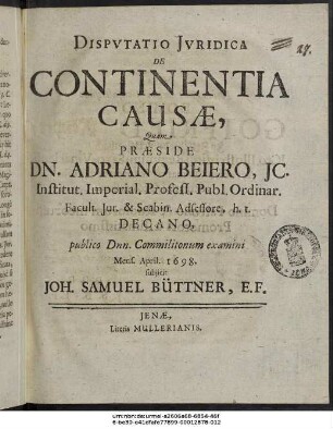 Disputatio Iuridica De Continentia Causae