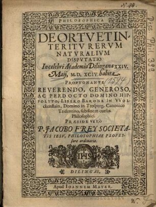 Philosophica De Ortv Et Interitv Rervm Natvralivm Dispvtatio