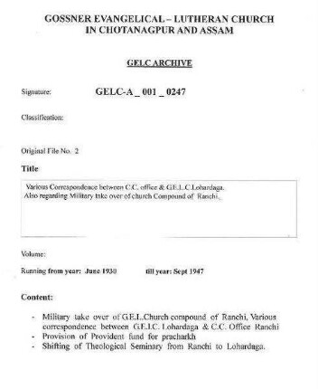 Various Correspondence between C.C. Office & G.E.L.C. Lohardaga