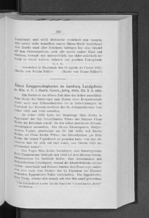 Ältere Kruggerechtigkeiten im hamburg. Landgebiete. (s. Mitt. d. V. f. Hamb. Gesch., Jahrg. 1910, Bd. X S. 448).
