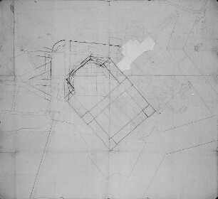 Entwurf für die Anlage des Zwingergartens und einen Neubau des Residenzschlosses in Dresden : Entwurf zum Umbau v. Schloss u. Zwinger, um 1712