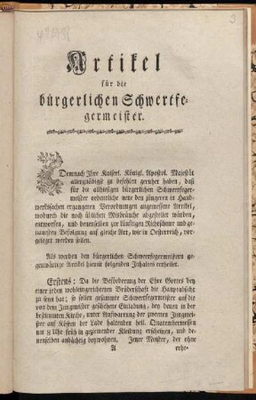 Artikel für die bürgerlichen Schwertfegermeister$nGegeben ob dem Königl. Prager Schlosse den 18 November 1774