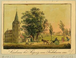 Lindenau westlich von Leipzig (Leipzig-Lindenau) mit dem Kuhturm, Ausschnitt aus Wagners Bilderbogen bei Lenz um 1830