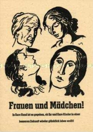 Illustrierter Aufruf des Kommunalen Frauenausschusses Leipzig zu Informationsvorträgen über den Volksentscheid zur Enteignung von Nazi- und Kriegsverbrechern