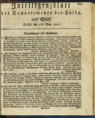 22tes Stück. Cassel den 30ten May 1808