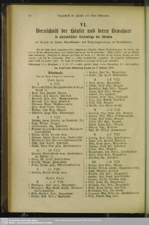 VI. Häuserbuch : VI. Verzeichnis der Häuser und derer Bewohner in alphabetischer Reihenfolge der Straßen