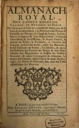 Almanach royal. 1722, 1722