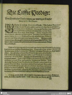 Die Eilffte Predigt: Von Christlicher Vorbereitung zur würdigen Empfahung deß H. Abendmals