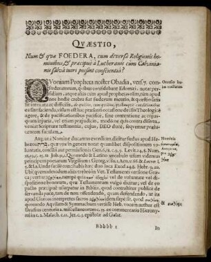 Quæstio, Num & quæ Foedera, cum diversæ Religionis hominibus, & præcipue a Lutheranis cum Calvinianis salva iniri possint conscientia?