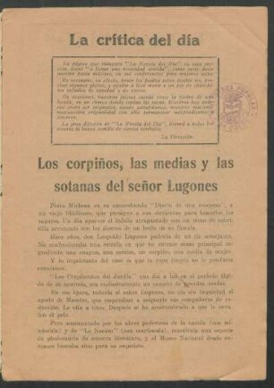 La crítica del día - Los corpiños, las medias y las sotanas del señor Lugones
