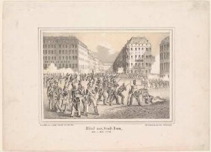 Kämpfe auf dem Neumarkt am 7. Mai 1849 während des Maiaufstandes in Dresden, Blick in die Moritzstraße, links das Hotel de Saxe, rechts das Hotel Stadt Rom