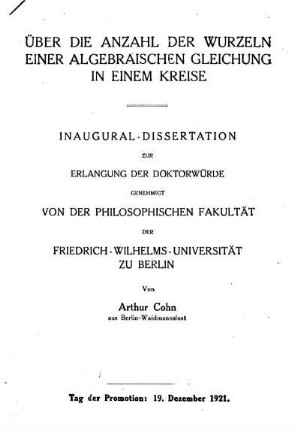 Über die Anzahl der Wurzeln einer algebraischen Gleichung in einem Kreise
