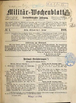 Militär-Wochenblatt : unabhängige Zeitschrift für die deutsche Wehrmacht. 73. 1888, 1 - 6