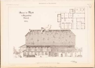 Bauernhaus, Regensdorf: Grundriss, Seitenansicht (aus: Das Bauernhaus in der Schweiz, hrsg.v. Schweiz. Ingenieur- und Architektenverein, 1903)