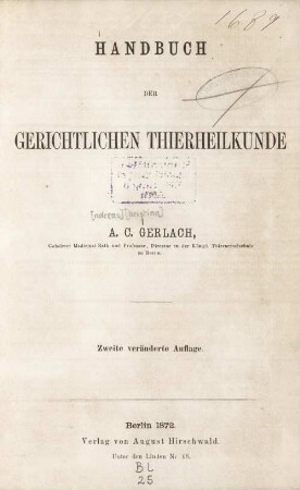 Handbuch der gerichtlichen Thierheilkunde