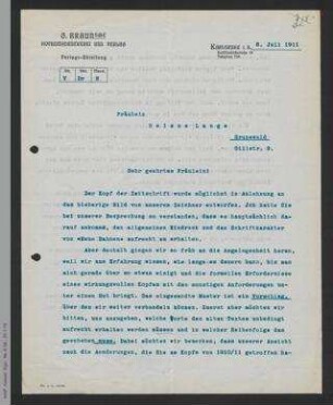 Brief vom G. Braun-Verlag an Helene Lange