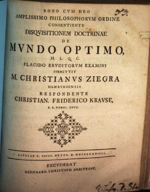Disquisitio doctrinae de mundo optimo