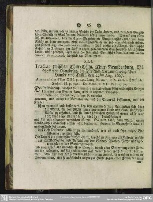 XLI. Tractat zwischen Chur-Cölln, Chur-Brandenburg, Bischoff von Osnabrüg, die Fürstlich-Braunschweigischen Häuser und Cassel, den 22sten Aug. 1667