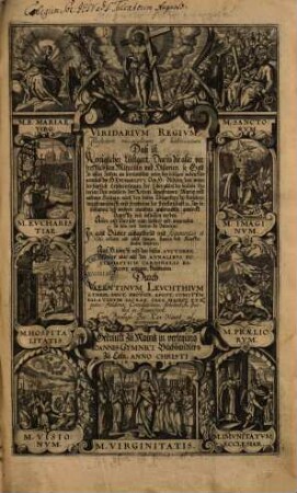 Viridarivm Regivm Illustrium miraculorum et historiacum, Daß ist, Koniglicher Lustgart : Darin die aller vortrefflichsten Miraculn vnd Historien, so Gott Zu allen Zeiten, an berümbten orten, ... Zur bestettigung deß wahren glaubens großmachtig gewirckt, ... In acht Bücher außgetheilt mit Argumentis et Notis erkleret, vnd ... illustrirt ; Auß H. Schrifft, vnd den besten Avctoren, ... getzogen