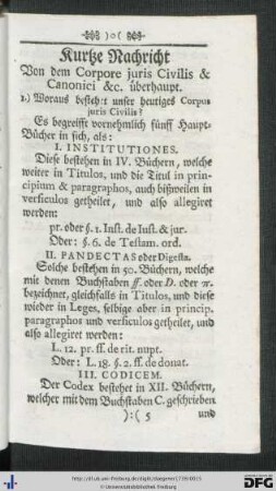 Kurtze Nachricht Von dem Corpore juris Civilis et Canonici etc. überhaupt.