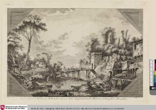 [Landschaft mit einer Holzbrücke über einen Fluss; Paysage avec rivière]
