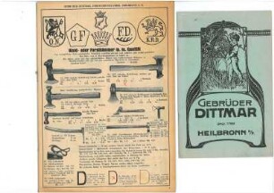 Preisliste der Fa. Gebrüder Dittmar für Messer, Scheren und Werkzeug vor allem für Gartenbau, Forst und Weinbau und Katalog für Forstgeräte u. Werkzeuge