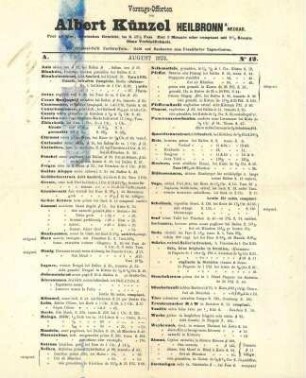 Angebotsliste der Fa. Künzel&Hüttner über Chemikalien, Farben, Naturprodukte u.ä. (von Alaun bis Zinkweiss)