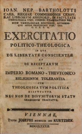 Exercitatio politico-theologica ... de libertate conscientiae ...