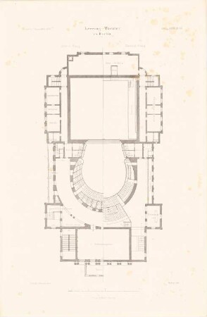 Lessing-Theater, Berlin: Grundriss 1. und 2.Rang (aus: Atlas zur Zeitschrift für Bauwesen, hrsg. v. Ministerium der öffentlichen Arbeiten, Jg. 39, 1889)