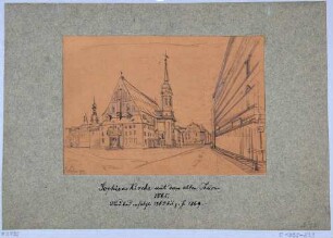 Die alte Sophienkirche in Dresden vor dem Umbau 1869 mit dem Goldenen Tor (Renaissancetor, bis 1737 an der Schlosskapelle)