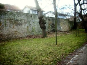 Stadtbefestigung-Stadtmauer im Bereich des Frankenwinheimer Tores von Feldseite mit erhaltener Steigbügelschießscharte - Wehrgang mit Steinbrüstung im 19 Jh abgetragen