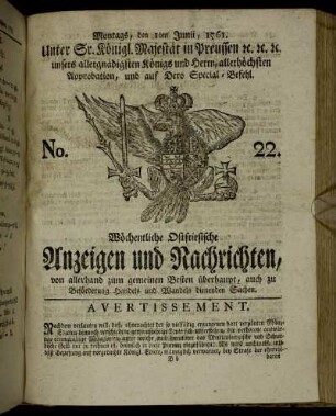 No. 22. Montags, den 1ten Junii, 1761.