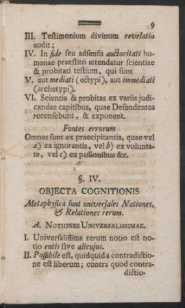 §. IV. Objecta Cognitionis