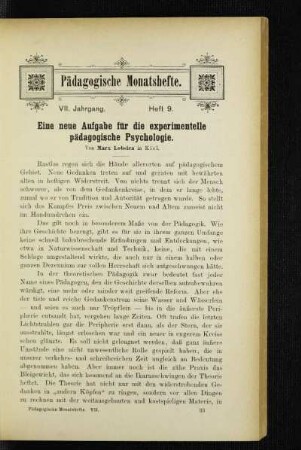 ¬Eine¬ neue Aufgabe für die experimentelle pädagogische Psychologie