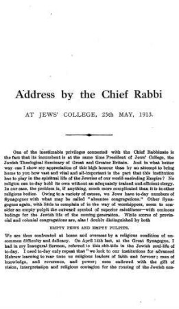 Address / by the Chief Rabbi [Joseph Herman Hertz]