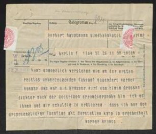 Brief von Werner Krauss (Schauspieler) an Gerhart Hauptmann