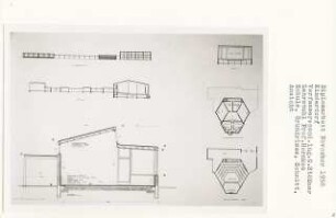 Kinderdorf (Diplomarbeit bei Bernhard Hermkes): Schule, Grundrisse Aula, Ansicht von Nordwesten und Schnitte