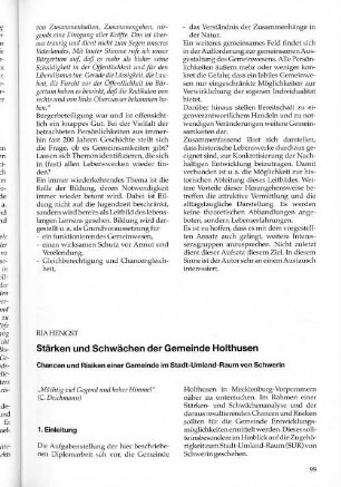 Stärken und Schwächen der Gemeinde Holthusen : Chancen und Risiken einer Gemeinde im Stadt - Umland - Raum von Schwerin
