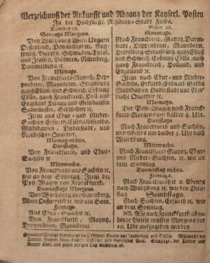 Verzeichnuß der Ankunfft und Abgang der Kayserl. Posten in der Hochfürstl. Residentz-Stadt Fulda.